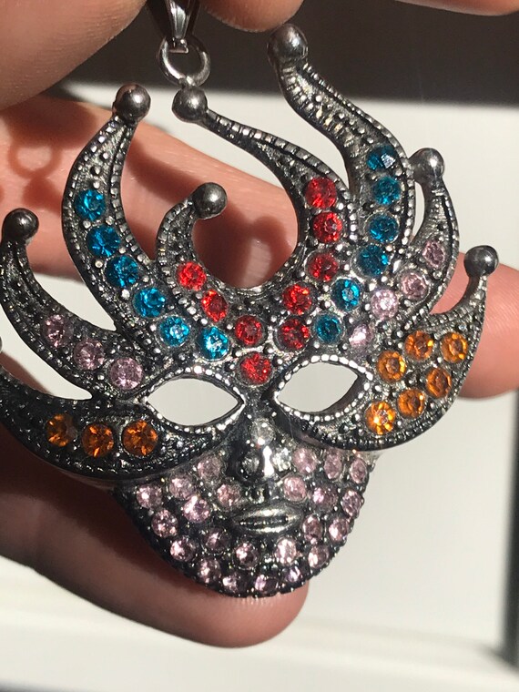 Unusual vintage multi coloured crystal Masquerade Mardi Gras Venetian mask pendant