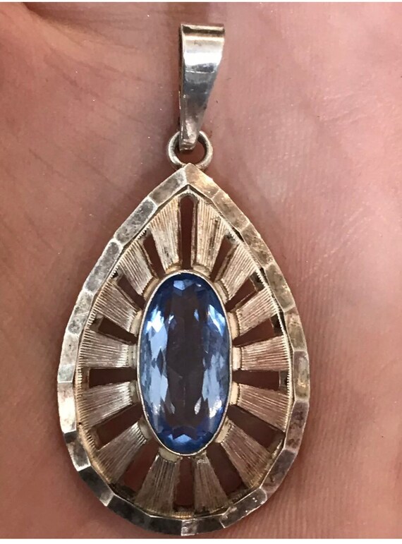 Vintage designer solid silver Modernist pendant set with a blue stone 925 A*D