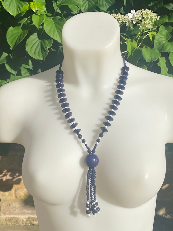 Vintage navy blue and white long beaded multi stranded flapper tassel necklace Art Deco style necklace 22 inches in length