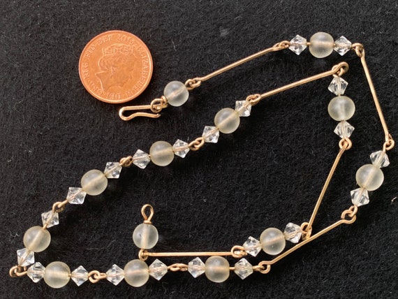 Original Art Deco clear crystal faceted glass beaded Necklace on gold toned wire chain 16.5 inches in length