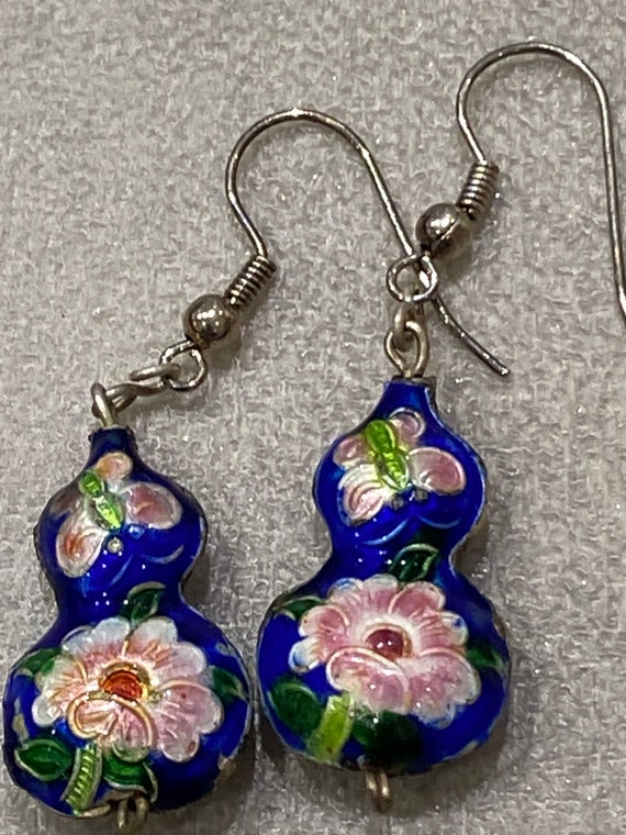 Vintage dark blue cloisonné enamel flower bead drop earrings