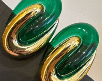 gran remolino vintage oro y plástico verde/clip Lucite en pendientes joyería de pieza de declaración de gran tamaño
