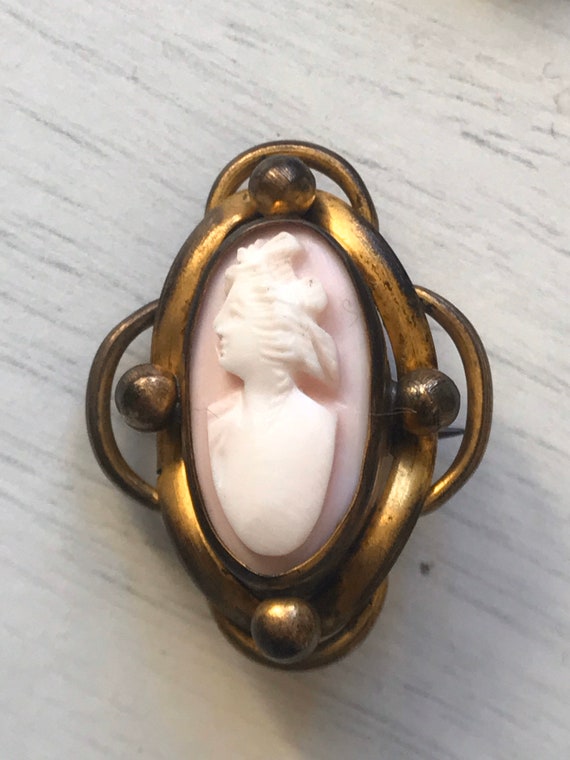 Small Victorian pink shell cameo and pinchbeck framed brooch pin