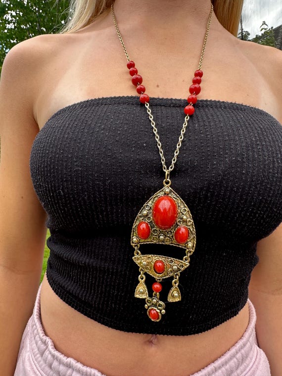 Oversized 1970s Pendant Necklace: Gold Plated Boho Statement Piece