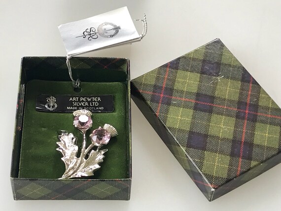 Vintage 1980s boxed silver Art pewter Scottish thistle ladies brooch/Pin made in Scotland