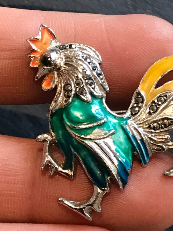 Vintage 1940s/50s pot enamel and Marcasite cockerel brooch pin