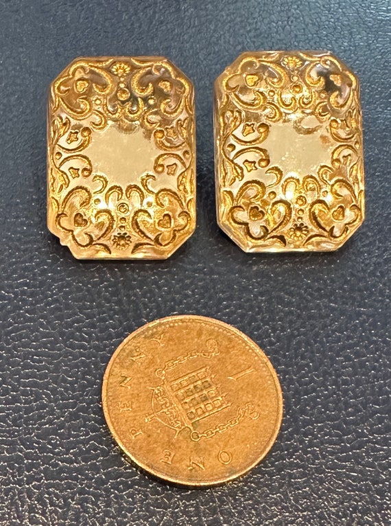 Vintage ornate mirror oblong swirl gold plastic clip on earrings 1980s  jewellery