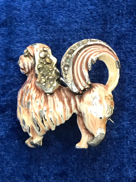 Vintage enamelled Marcasite dog brooch pin