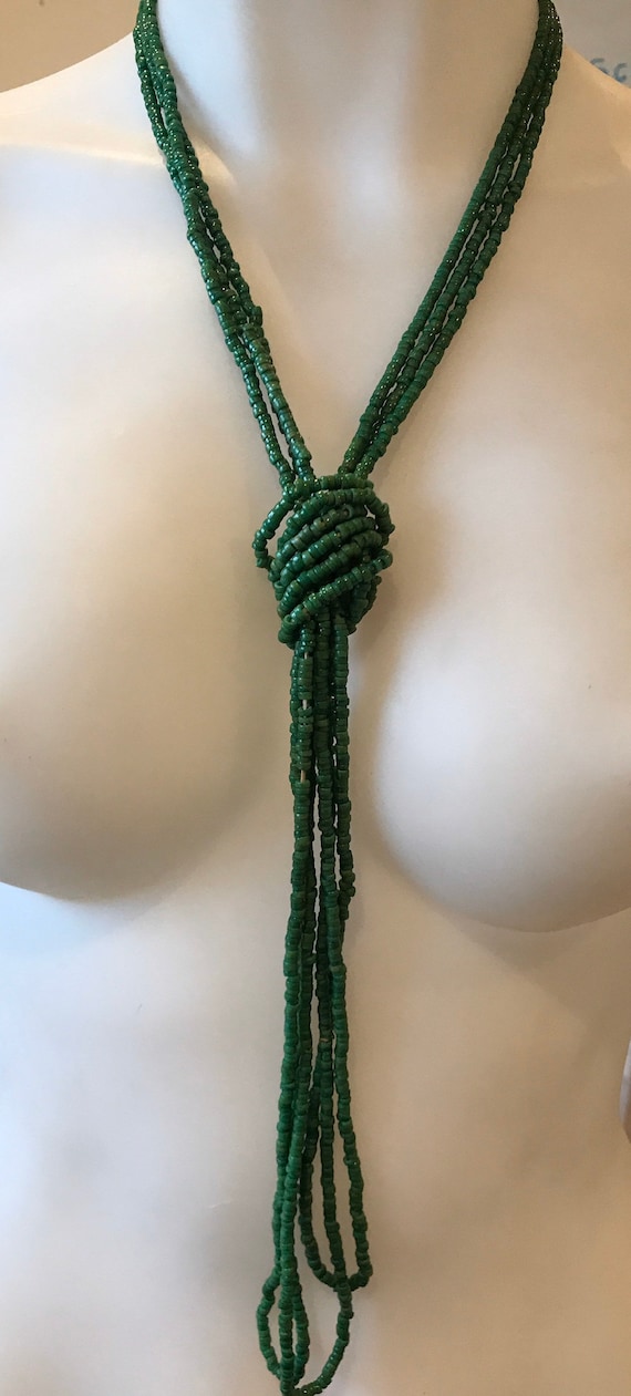 Three strands of long vintage Art Deco beaded necklaces seasonal  green 25” flapper style