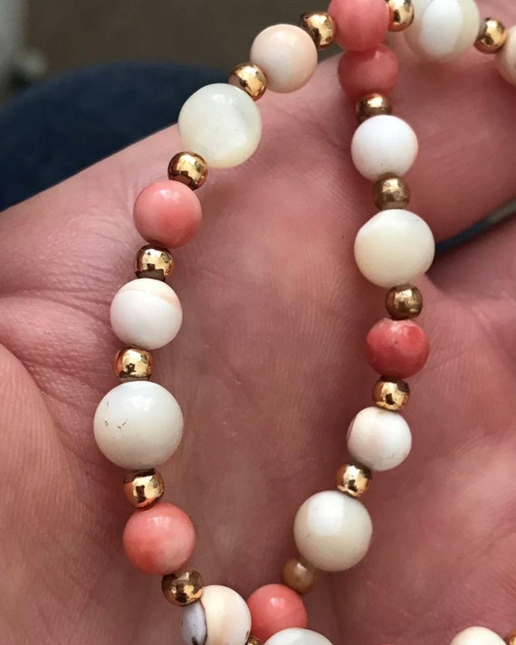 Vintage mixed beaded Angel Skin Coral and mother of pearl Necklace 18 Inches