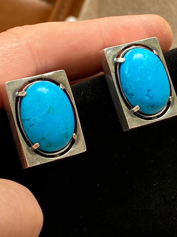 Large rectangular 980 chunky silver and Turquoise Art and crafts style earrings