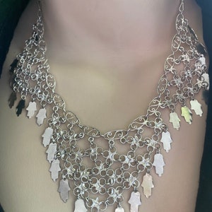 Beautiful vintage solid silver filigree harem fringe bib necklace