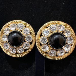 Fabulous clip on earrings gold plated large  rhinestones with black center vintage jewellery 1980-90