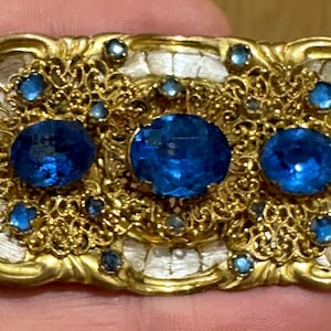 Stunning vintage Czechoslovakian enamel filigree rhinestone brooch with triple blue glass center cabochons