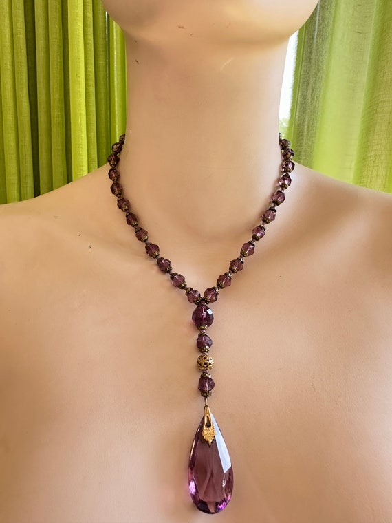 Art Deco Czech Amethyst Glass Pendant Necklace: 1920s Statement Piece