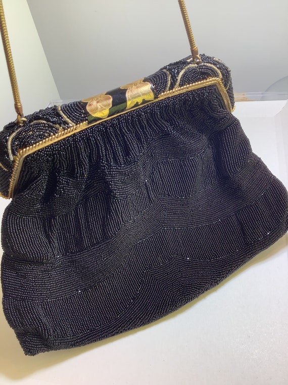 Vintage Hand beaded Black evening bag with gold plated and enamelled frame c1940s