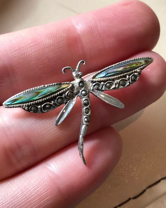 Vintage silver abalone shell and Marcasite dragonfly brooch pin