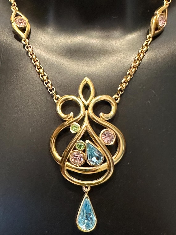 Vintage Bergdorf Goodman Crystal Drop Necklace: 1980s Gold Plated Statement Piece