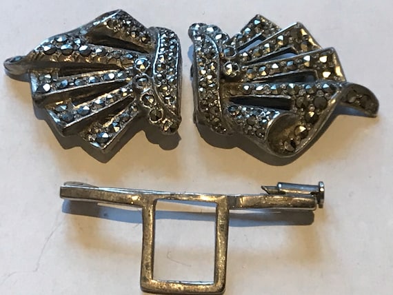 1940s Marcasite double clip brooch dress clip Duette clip pin