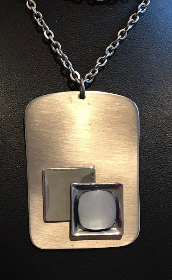 Striking Modernist Pendant Necklace c1970s PEAK Stainless England 27” inch chain