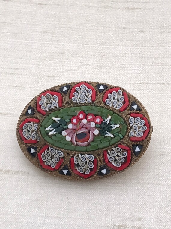 Vintage Micro mosaic Italian pin brooch c1940s signed V.Villani  ITALY floral design