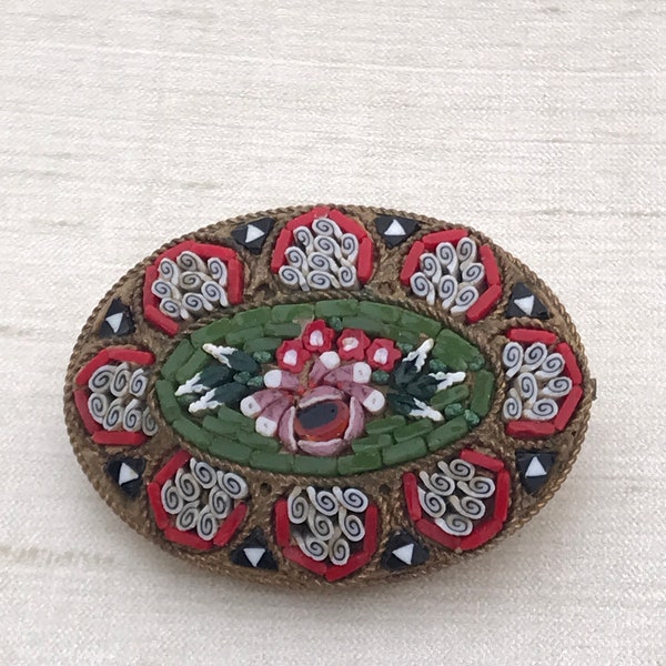 vintage Micro mosaïque broche d’épingle italienne c1940s signé V.Villani ITALIE design floral