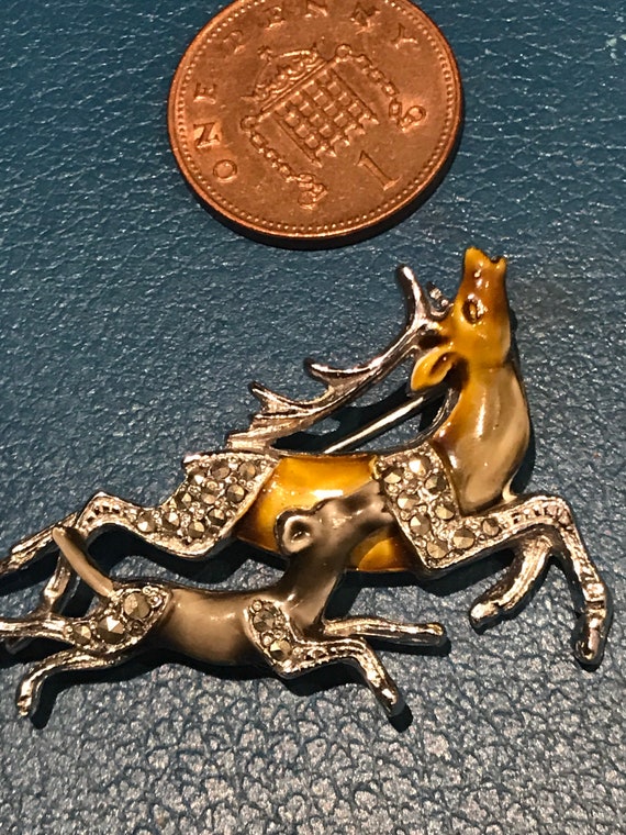 Stunning vintage miniature leaping Reindeer Deer/ Fawn brooch/pin in enamel and Marcasite Christmas pin