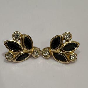 Vintage Designer Christian Dior Gold plated black and clear sparkly crystal pierced earrings