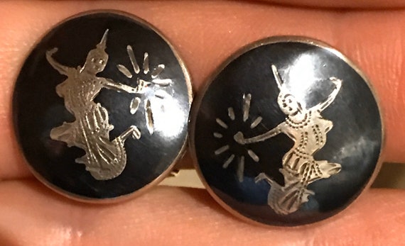 vintage 1950s Niello black enamel on silver siam silver goddess scene ladies clip on earrings
