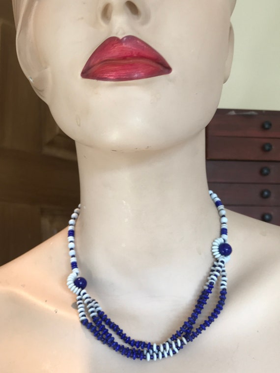 1950s Vintage three  stranded navy blue  and white glass necklace 17" length