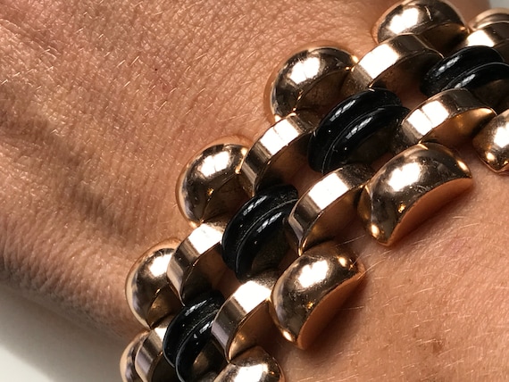 Rare Le Farre style chunky rose gold black glass vintage bracelet/cuff c1960s