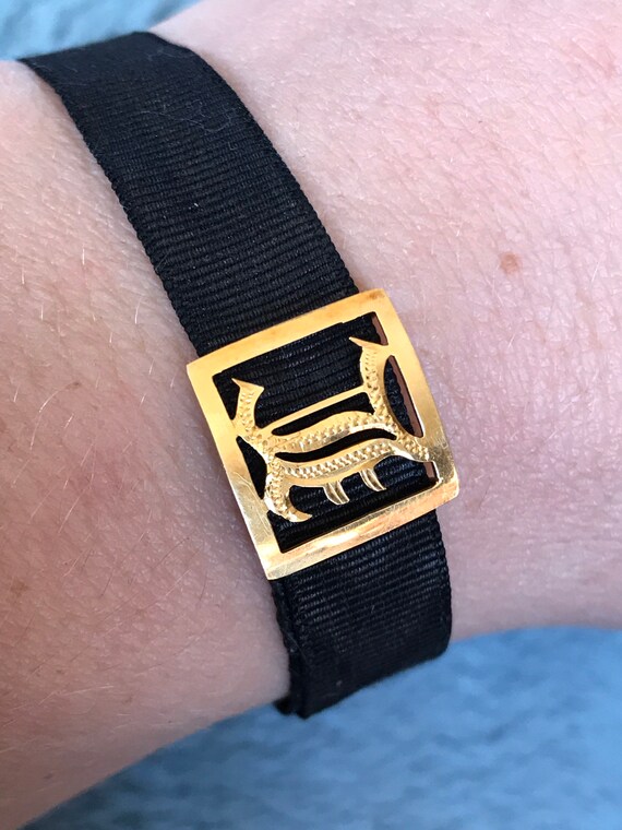 Antique Victorian black Moire silk Mourning bracelet with 9ct gold monogram