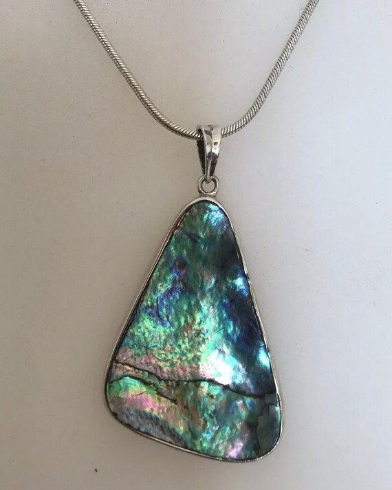 Striking natural solid silver Abalone shell pendant on 18" Italian silver snake chain necklace