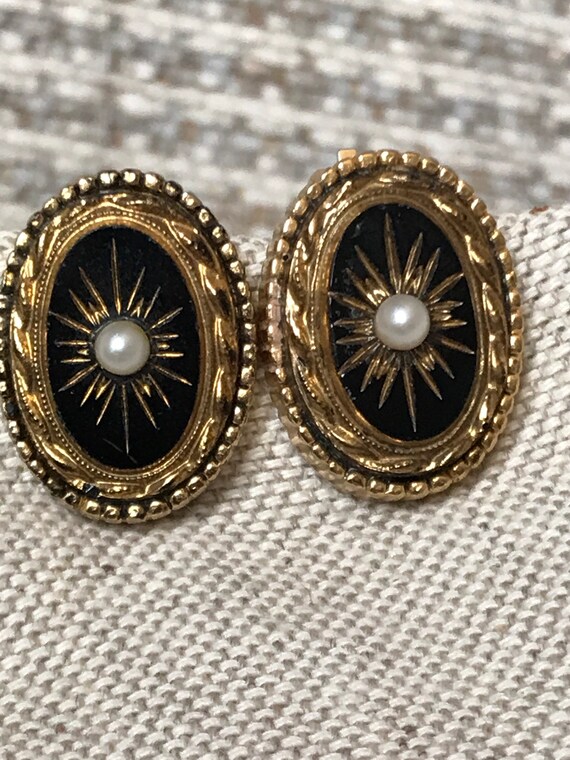 1950s Sphinx Victorian revival style black glass clip on earrings