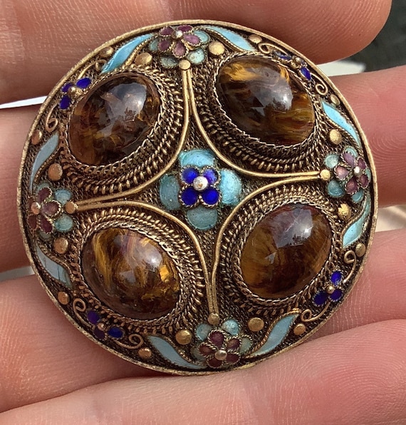 Vintage Chinese export silver gilt filigree tigers eye enamel brooch