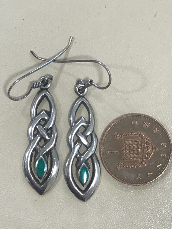 vintage solid 925 silver Celtic style green stone drop pierced earrings