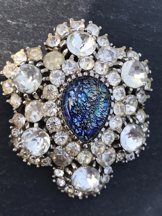 Striking blue  foil glass opal oval tear drop cen… - image 2