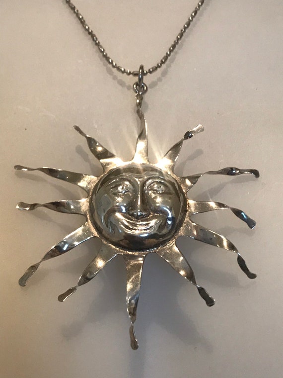 Unusual large statement piece solid silver handmade vintage sun face pendant on 18" silver chain