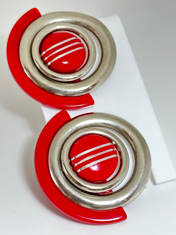 Futuristic atomic stylised red and chrome oversized 50s style clip on earrings