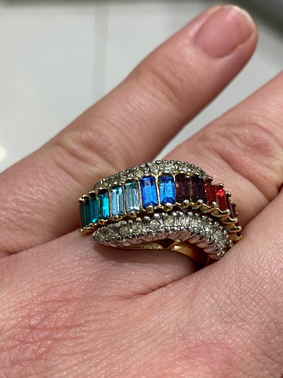 Rainbow crystal multi stone 18 k hge white gold plated ladies statement piece cocktail ring