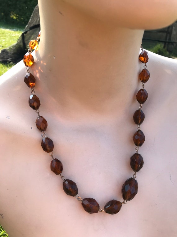 Beautiful vintage Art Deco crystal Deep burnt orange Faceted glass beaded necklace 20 inches