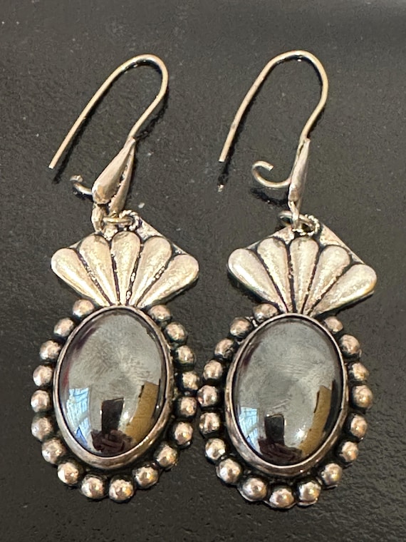 Mexican Silver Large Black Oval Hematite Stone dangle Earrings pierced hooks