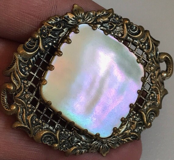 large statement piece Art Deco era mother of pearl and ornate filigree brooch/ pin