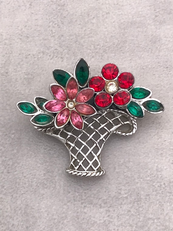 Vintage rhodium plated coloured rhinestone flower basket brooch