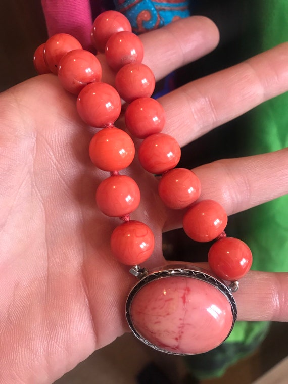 Vintage coral glass hand knotted beaded necklace with silver pendant