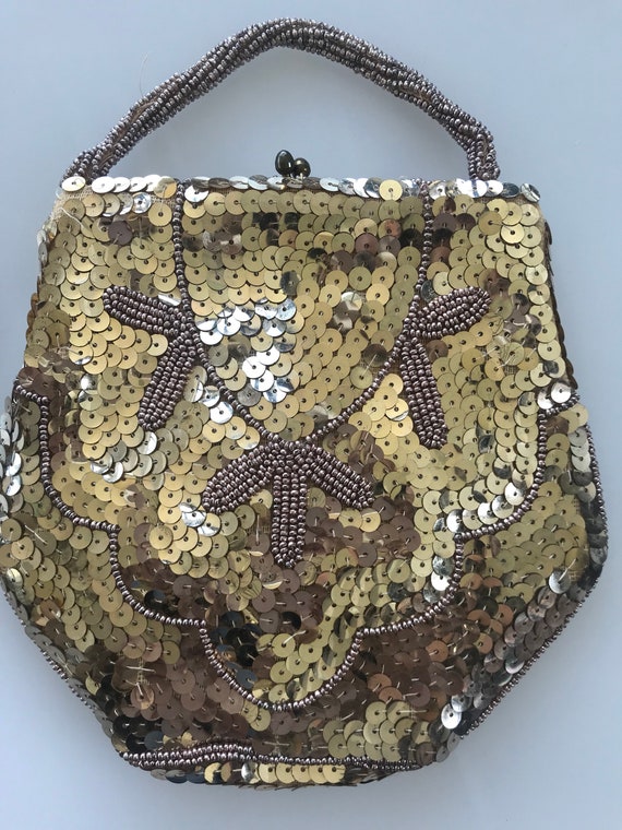 Art Deco gold beaded and sequinned evening purse  bag