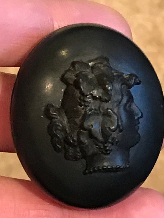 Antique Victorian High relief cameo Vulcanite Mourning locket Bacchante god of wine