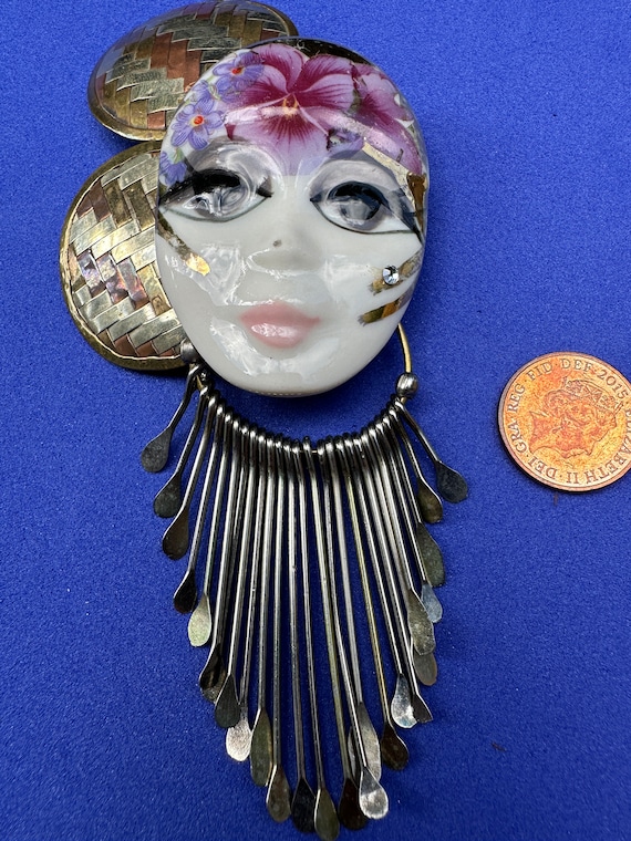 Vintage Gabriella Art Deco style Hand Painted Porcelain Metal Face Mask Pin Brooch