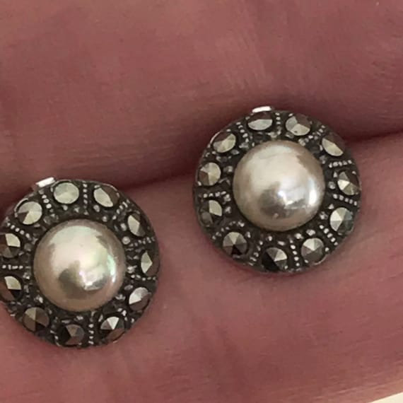 Vintage Solid Silver Hallmarked Marcasite Classic Clip On Earrings Date 1957