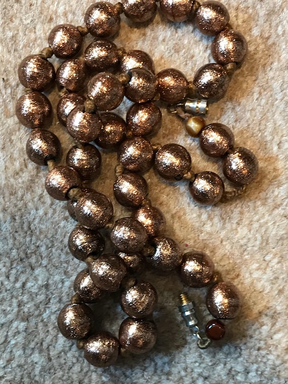 Art Deco Venetian aventurine rich bronze gold glass beaded hand knotted necklace.
